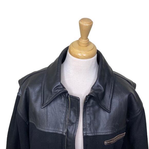 HARLEY -DAVIDSON Mens' Wool and Leather Trim Zip Up Motorcycle Jacket Size Large - Picture 2 of 8